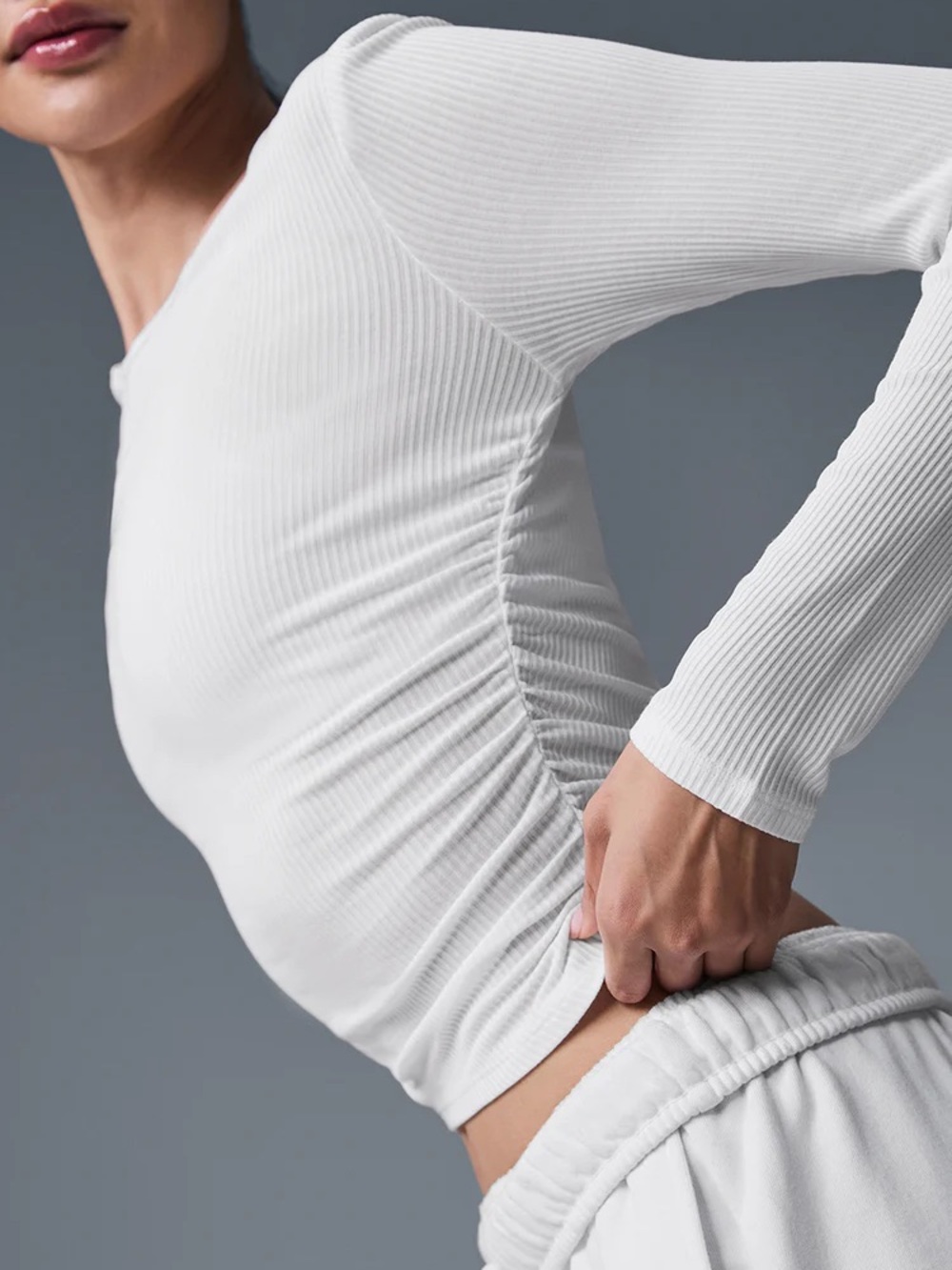 ALO Yoga Ribbed Scoop-Neck Long Sleeve Top in Off-White